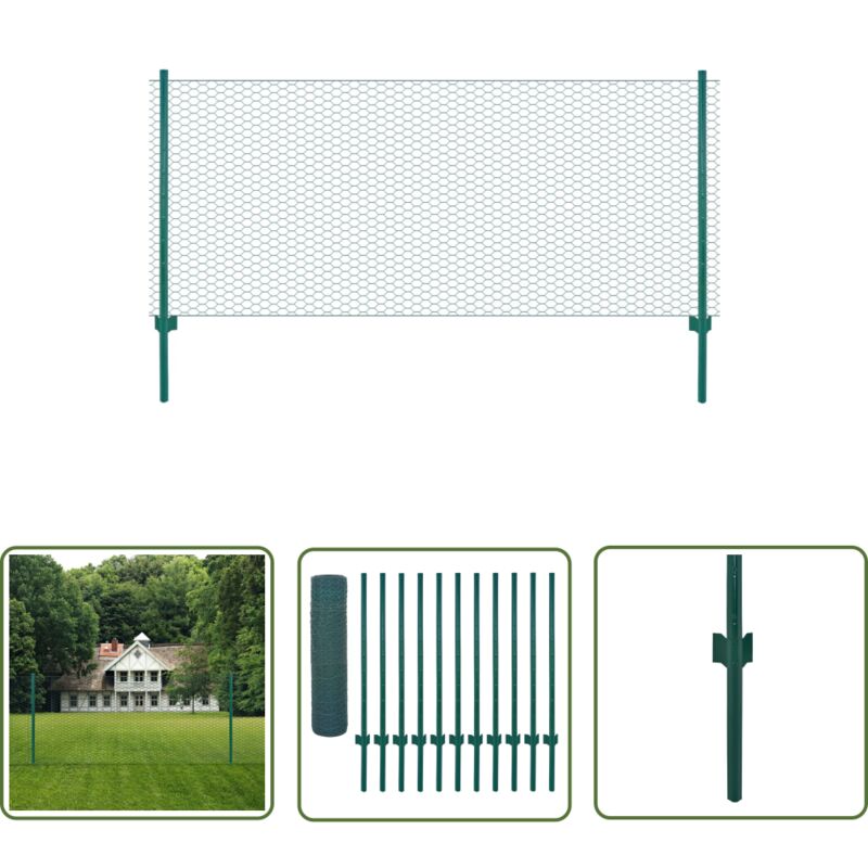 The Living Store - Clôture en grillage métallique avec poteaux Acier 25x0,5 m Vert - Clôture Métal - Clôture Rigide - Clôture Jardin - Clôture Poule