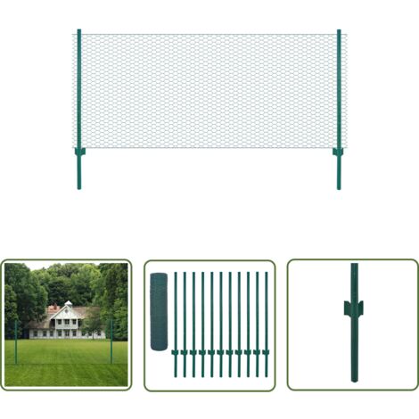 The Living Store Clôture en grillage métallique avec poteaux Acier 25x0,5 m Vert - Clôture Métal - Clôture Rigide - Clôture Jardin - Clôture Poule - Clôture Chien