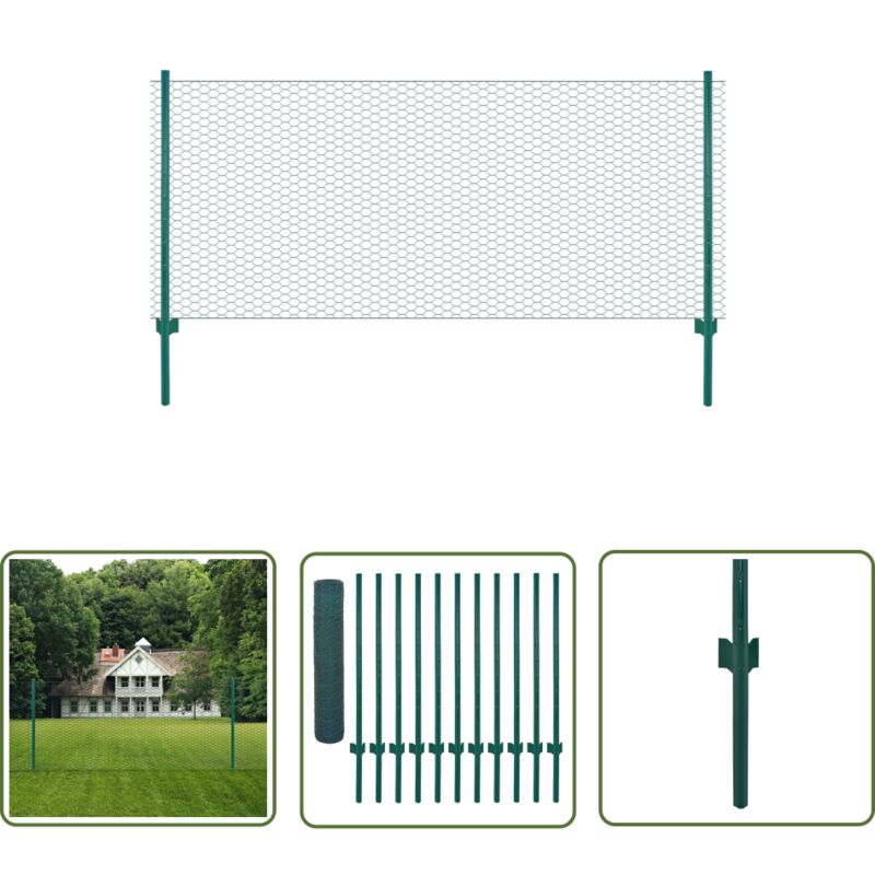 The Living Store - Clôture en grillage métallique avec poteaux Acier 25x0,75m Vert - Clôture Métal - Clôture Rigide - Clôture Jardin - Clôture Poule