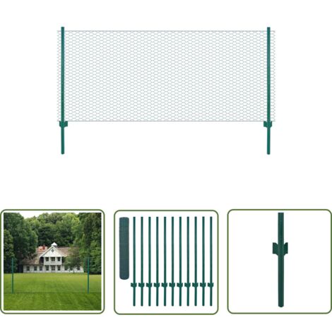 The Living Store Clôture en grillage métallique avec poteaux Acier 25x1 m Vert - Clôture Métal - Clôture Rigide - Clôture Jardin - Clôture Poule - Clôture Chien