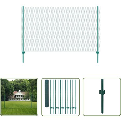 The Living Store Clôture en grillage métallique avec poteaux Acier 25x2 m Vert - Clôture Métal - Clôture Rigide - Clôture Jardin - Clôture Poule - Clôture Chien