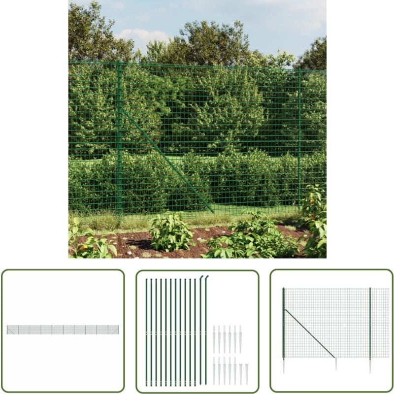 The Living Store Clôture en treillis métallique et piquet d'ancrage vert 2,2x25m - Clôture Métal - Clôture Jardin - Clôture Rigide - Clôture Verte