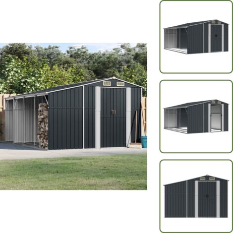 The Living Store Cobertizo de jardín acero galvanizado antracita 277x365,5x179cm - Cobertizo metálico