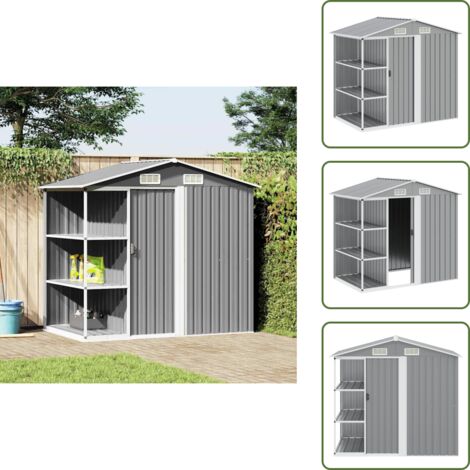 The Living Store Cobertizo de jardín con estantería hierro gris 205x130x183 cm - Estantería