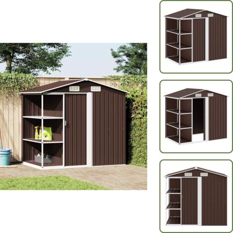 The Living Store Cobertizo de jardín con estantería hierro marrón 205x130x183 cm - Estantería