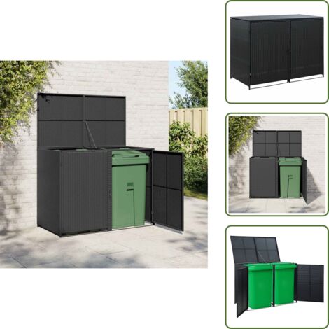 The Living Store Cobertizo doble contenedor basura ratán negro 148x80x111cm - Contenedor de basura