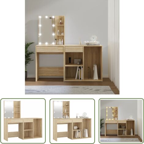 The Living Store Coiffeuse à LED avec armoire Chêne sonoma Bois d'ingénierie - Coiffeuse Led - Coiffeuse Avec Miroir - Table De Maquillage - Meuble Salle De Bain - Rangement Maquillage