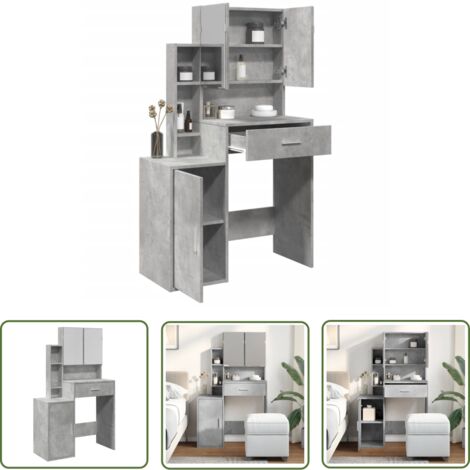 The Living Store Coiffeuse avec armoire gris béton 80x35x132 cm - Coiffeuse - Meuble De Salle De Bain - Vanity - Table De Maquillage - Dressing