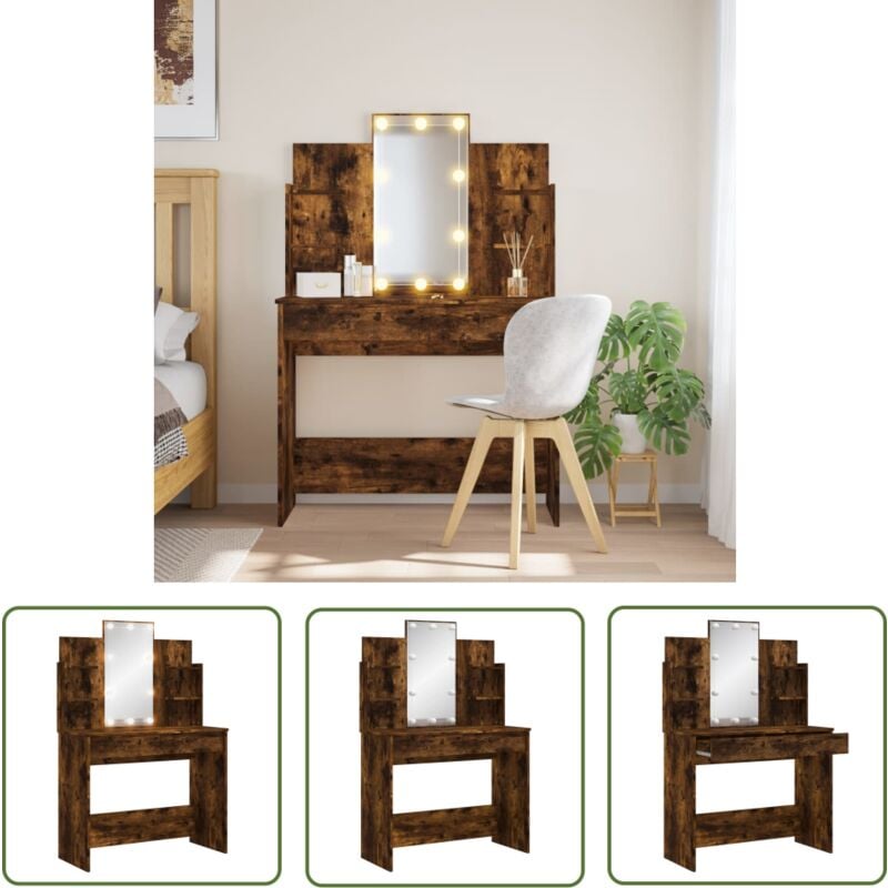 The Living Store - Coiffeuse avec lumières led chêne fumé 96x40x142 cm - Coiffeuse - Meuble De Salle De Bain - Table De Maquillage - Miroir Avec