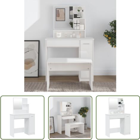 The Living Store Coiffeuse avec miroir blanc brillant 86,5x35x136 cm - Coiffeuse - Meuble De Salle De Bain - Table De Maquillage - Miroir - Commode