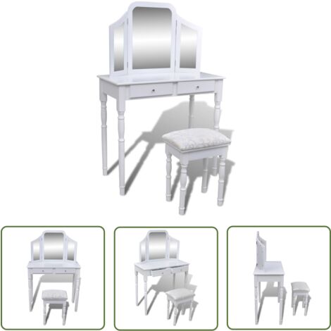 The Living Store Coiffeuse avec miroir et tabouret 2 tiroirs Blanc - Table De Maquillage - Coiffeuse Victorianne - Meuble Salle De Bain - Vanity - Dressing Table