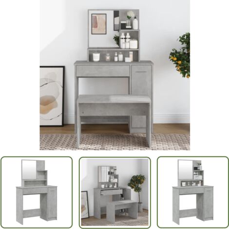 The Living Store Coiffeuse avec miroir Gris béton 86,5x35x136 cm - Table De Maquillage - Coiffeuse - Meuble Salle De Bain - Commode - Miroir
