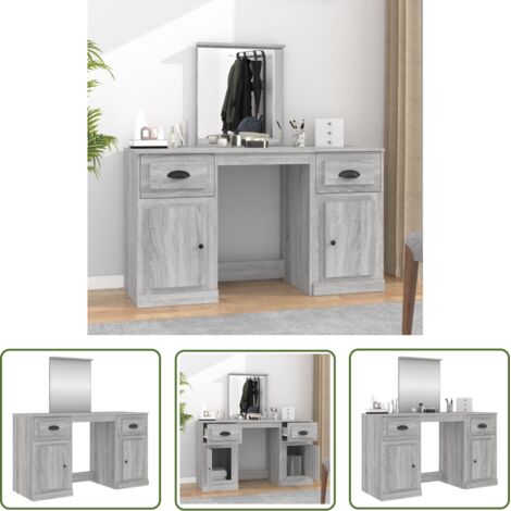 The Living Store Coiffeuse avec miroir sonoma gris 130x50x132,5 cm - Coiffeuse - Table De Maquillage - Meuble Salle De Bain - Miroir - Rangement