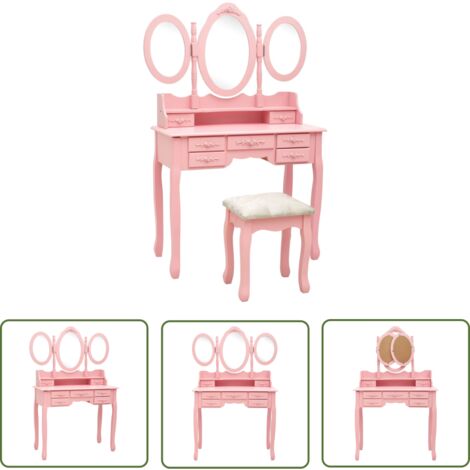 The Living Store Coiffeuse avec tabouret et miroir pliable en 3 Rose - Table De Maquillage - Coiffeuse - Meuble De Salle De Bain - Vanity - Miroir Pliante