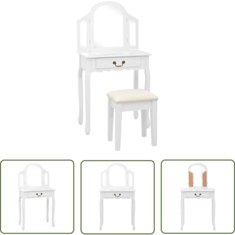 The Living Store Coiffeuse et tabouret Blanc 65x36x128 cm Bois de paulownia MDF - Coiffeuse Blanche - Meuble Salle De Bain - Vanity Table - Commode Maquillage - Miroir Rond