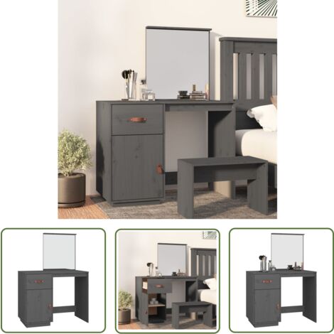 The Living Store Coiffeuse Gris 95x50x134 cm Bois de pin massif - Coiffeuse - Meuble Salle De Bain - Table Maquillage - Commode - Armoire Rangement