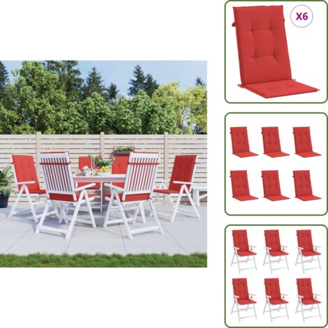 The Living Store Cojín silla de jardín respaldo alto 6 uds tela rojo 120x50x3 cm - Cojín de silla