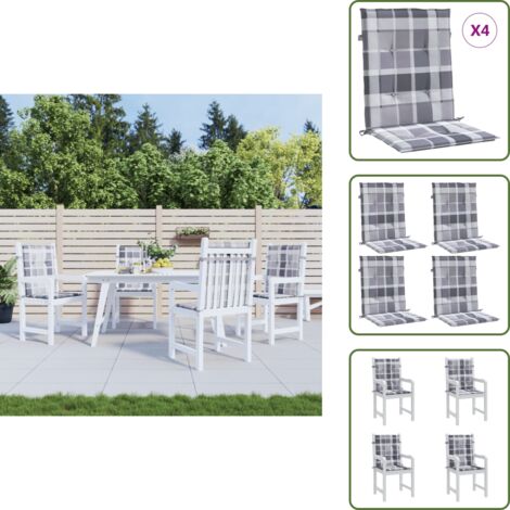 The Living Store Cojín silla de jardín respaldo bajo 4 uds tela a cuadros gris - Cojín de silla