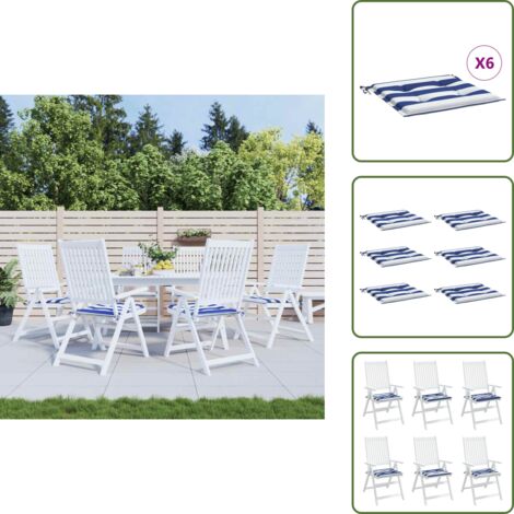 The Living Store Cojines silla jardín 6 uds tela a rayas azul y blanco 40x40x4cm - Cojines de silla