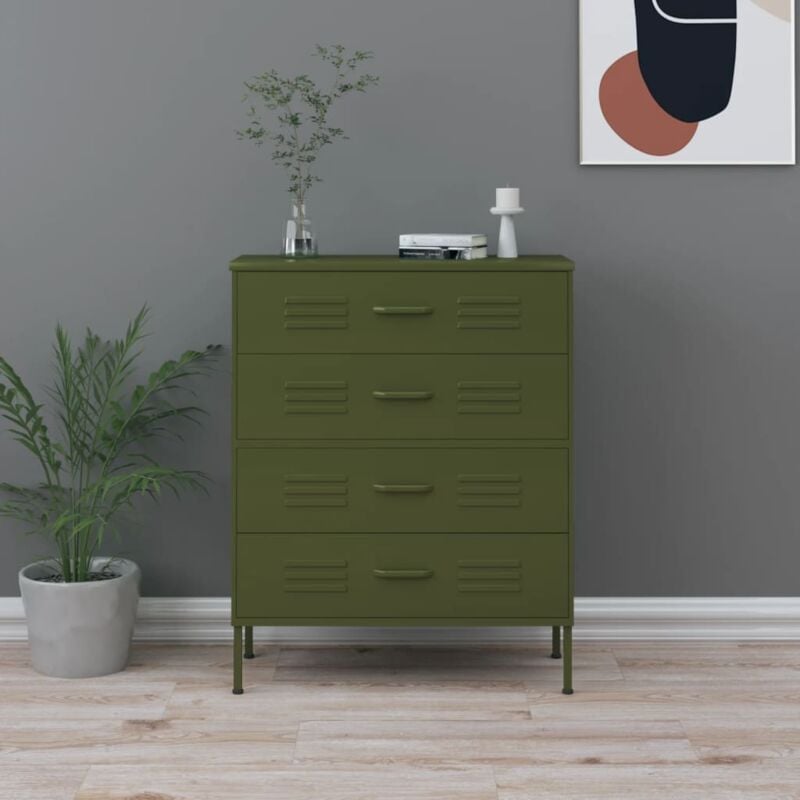 The Living Store - Commode Vert olive 80x35x101,5 cm Acier Vert