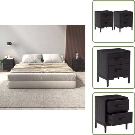The Living Store Comodini 2 pz Neri 36x30x45 cm in Legno Massello di Pino - Comodino vintage