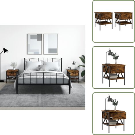 The Living Store Comodini 2 pz Rovere Fumo 40x42x45 cm in Legno Multistrato - Comodino in ferro