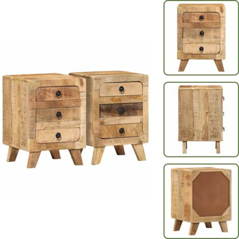 The Living Store Comodini 2pz 37x32x50 cm in Legno Massello di Mango Grezzo - Comodino in legno grezzo