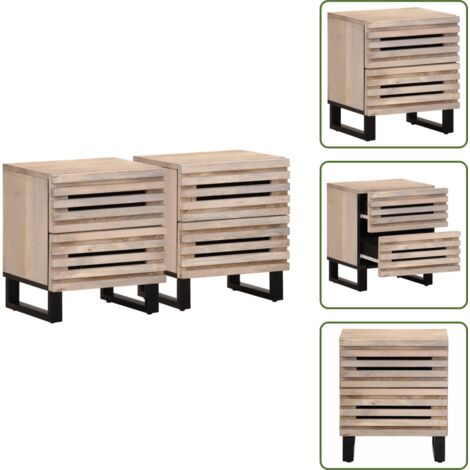 The Living Store Comodini 2pz 40x34x46 cm in Legno Massello di Mango Sbiancato - Comodino in legno massello