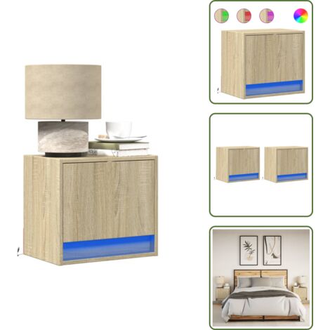 The Living Store Comodini a Parete con luci LED 2 pz Rovere Sonoma - Luci led
