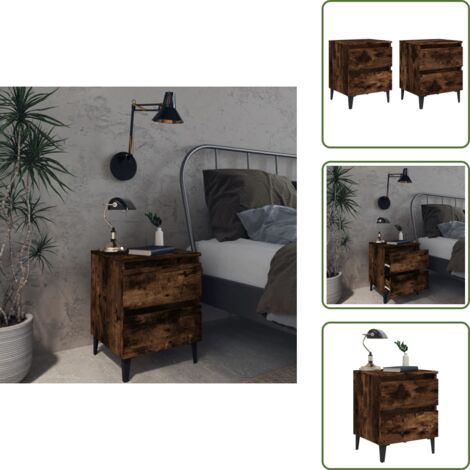 The Living Store Comodini con Gambe in Legno Massello 2pz Rovere Fumo 40x30x50cm - Comodino in legno
