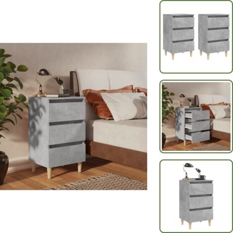 The Living Store Comodini con Gambe Legno Massello 2pz Grigio Cemento 40x35x69cm - Comodino scandinavo