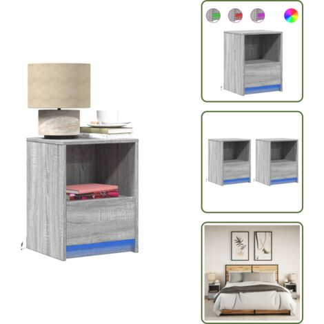 The Living Store Comodini con Luci LED 2pz Grigio Sonoma in Legno Multistrato - Comodino in legno multistrato
