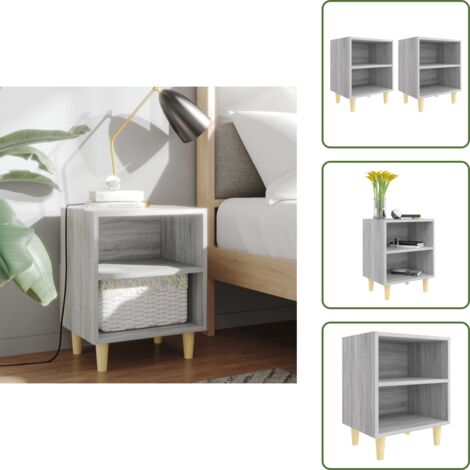 The Living Store Comodini Gambe in Legno Massello 2 pz Grigio Sonoma 40x30x50 cm - Comodino con gambe