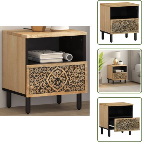 The Living Store Comodino 40x33x46 cm in Legno Massello di Mango - Comodino retro