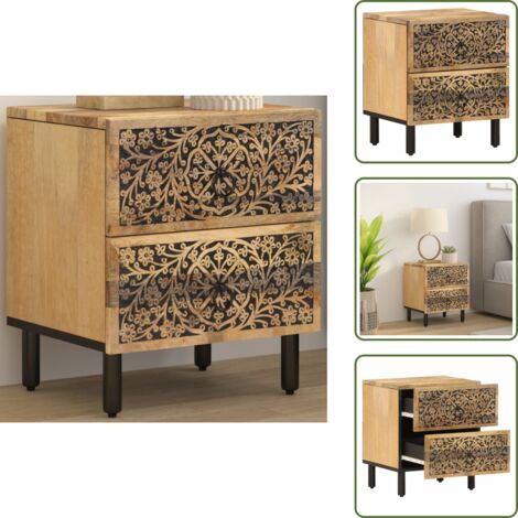 The Living Store Comodino 40x33x46 cm in Legno Massello di Mango - Comodino retro