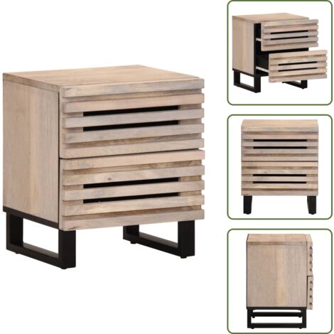 The Living Store Comodino 40x34x46 cm in Legno Massello di Mango Sbiancato - Comodino industriale