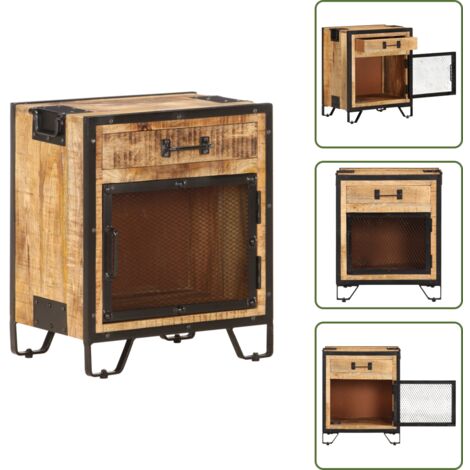 The Living Store Comodino 43x30x51 in Legno Massello di Mango Grezzo - Comodino industriale