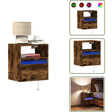 The Living Store Comodino a Parete con luci LED Rovere Fumo - Luci LED
