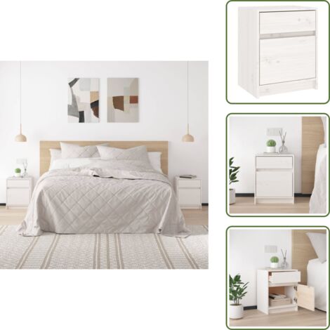 The Living Store Comodino Bianco 40x31x50 cm in Legno Massello di Pino - Comodino in pino