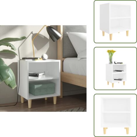 The Living Store Comodino con Gambe in Legno Massello Bianco 40x30x50 cm - Comodino in legno