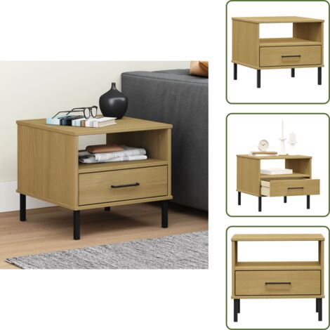 The Living Store Comodino con Gambe in Metallo Marrone Legno Massello Pino OSLO - Comodino marrone
