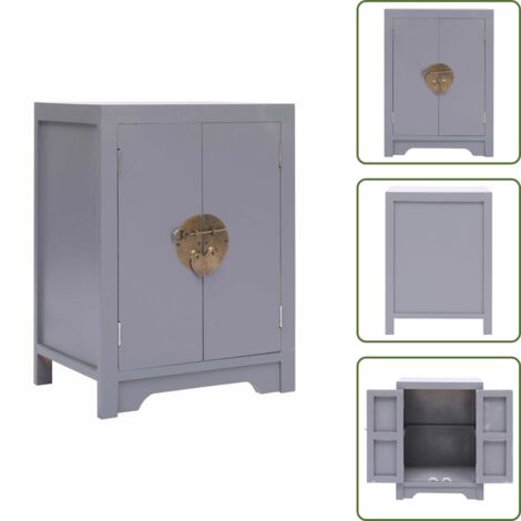 The Living Store Comodino Grigio 38x28x52 cm in Legno di Paulownia - Tavolino orientale
