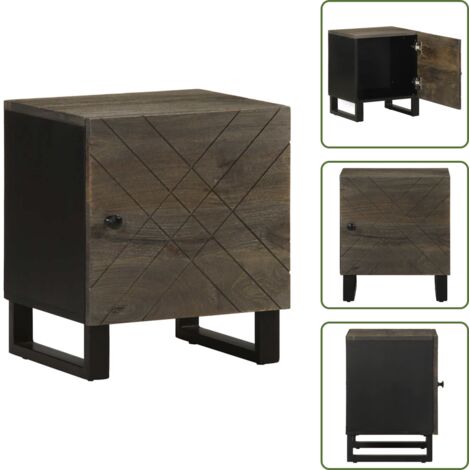 The Living Store Comodino Nero 40x33x46 cm in Legno Massello di Mango - Comodino nero