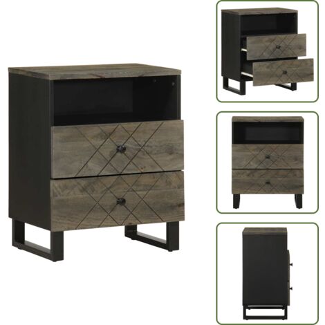 The Living Store Comodino Nero 50x33x62 cm in Legno Massello di Mango - Comodino nero