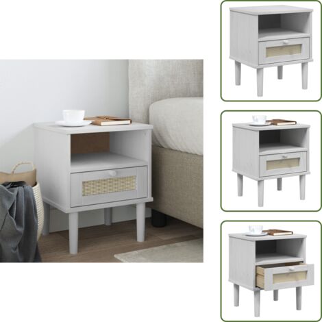 The Living Store Comodino SENJA Bianco Aspetto Rattan 40x35x48 cm in Legno Pino - Comodino con cassetto