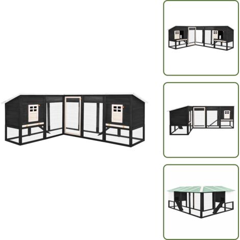 The Living Store Conejera de exterior con corredor madera de abeto gris y blanco - Jaula para mascotas
