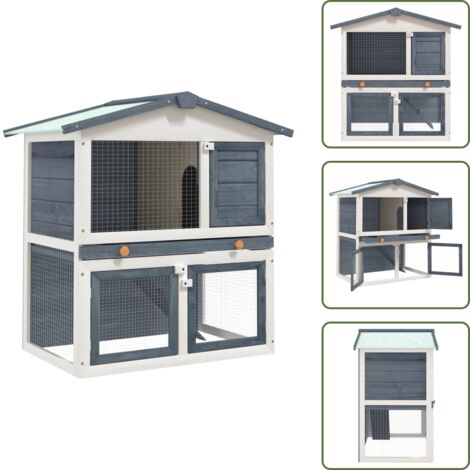 The Living Store Conigliera per Esterni con 3 Porte Grigia in Legno - Gabbia esterna per conigli