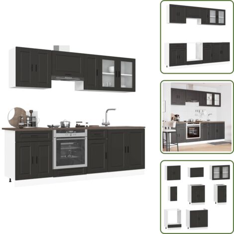 The Living Store Conjunto de armarios de cocina "Porto" de 8 piezas de madera de ingeniería negra - Armarios de madera