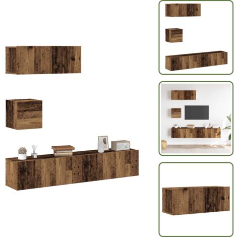 The Living Store Conjunto de mueble de TV 4 piezas montado la pared madera vieja - Muebles de TV