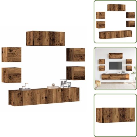 The Living Store Conjunto de mueble de TV 7 piezas montado la pared madera vieja - Muebles de pared